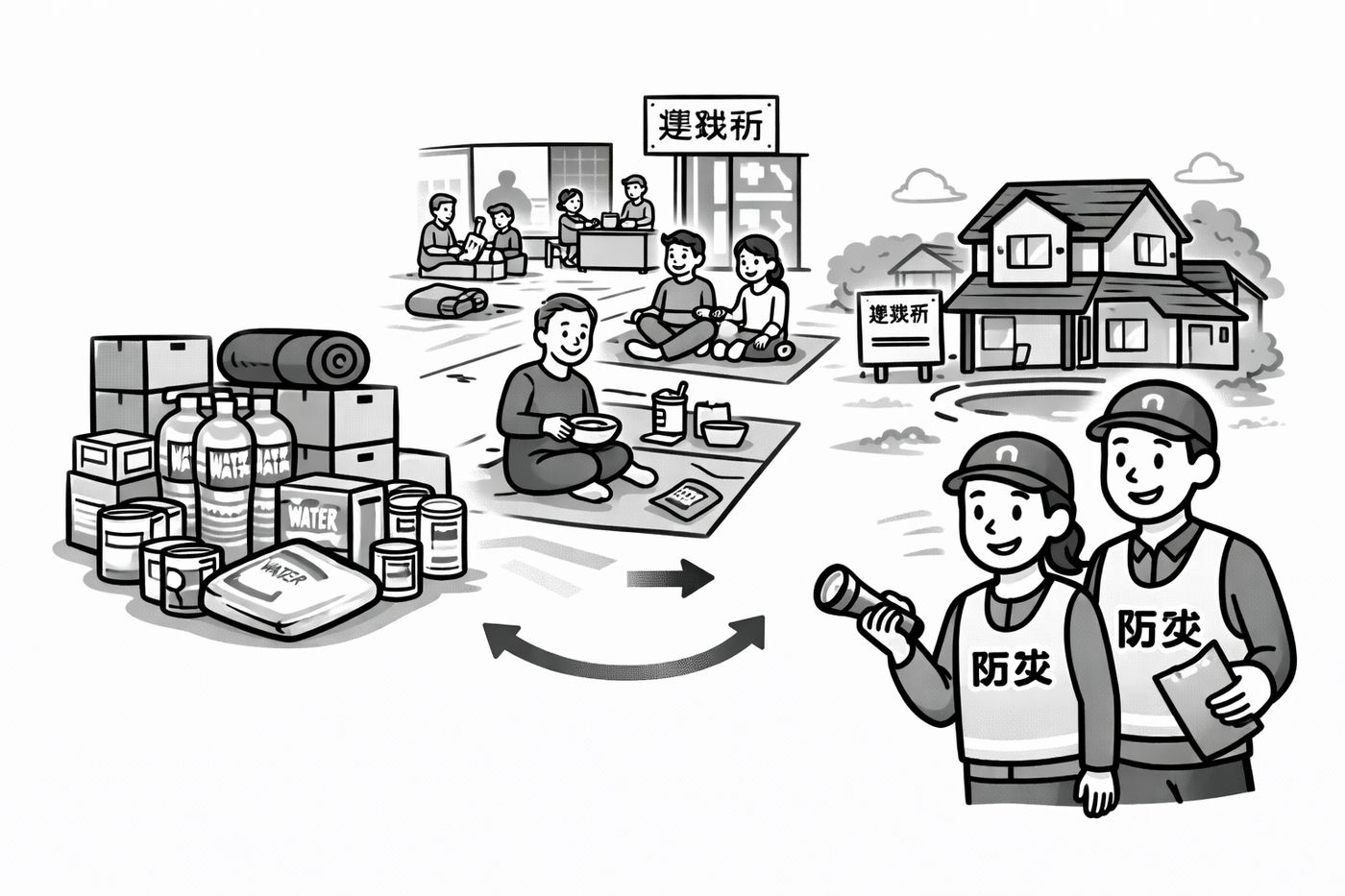 備蓄もたっぷり 避難所へ 空き家を活かして 街づくり 安心・安全 守り隊。